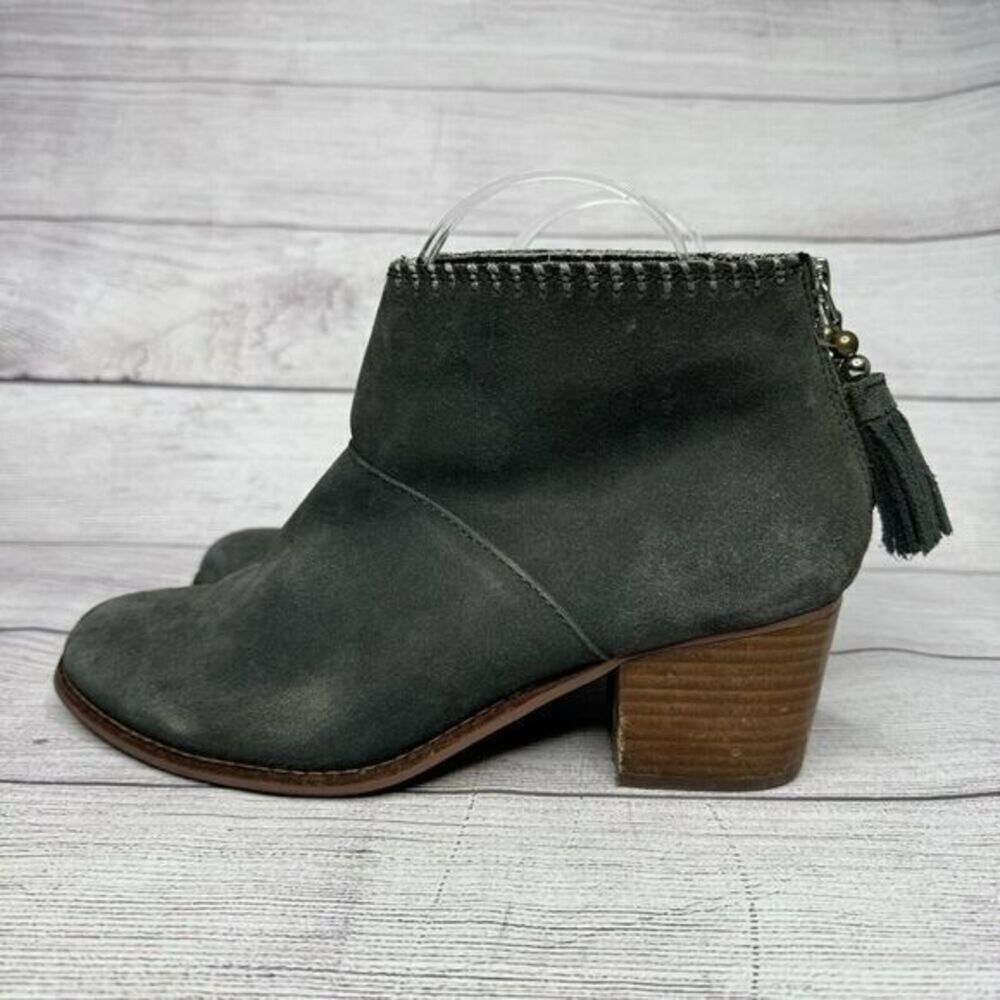 Toms Gray Suede Back Zip Tassel Block Heel Booties women's size 8.5 - Picture 3 of 6